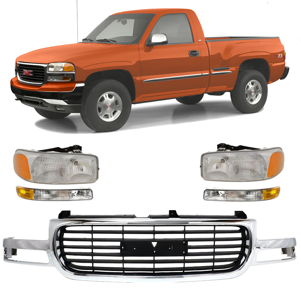 Front Grille Assembly Chrome & Headlight Assembly Kit For 1999-2002 GMC Sierra / 2000-2006 Yukon