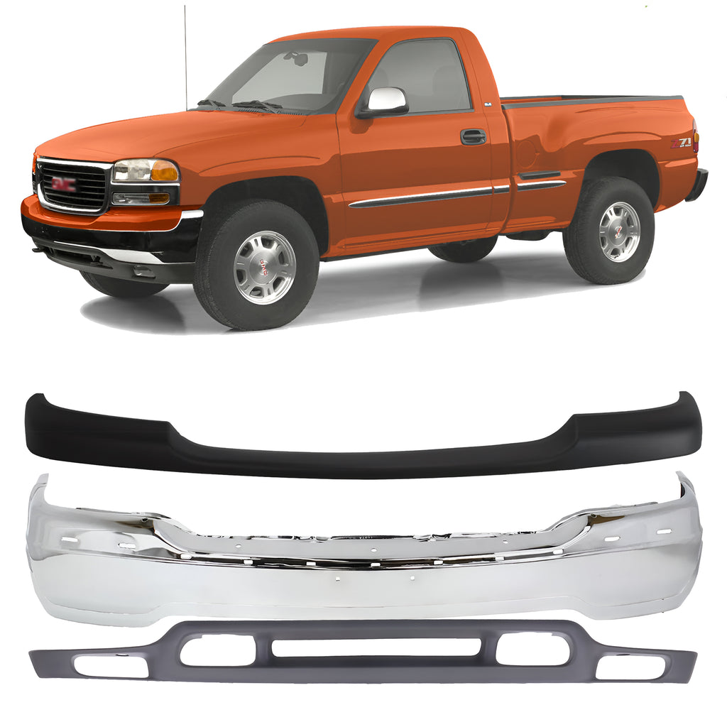 Front Bumper Chrome & Lower Valance Textured Kit For 1999-2002 GMC Sierra / 2000-2006 Yukon