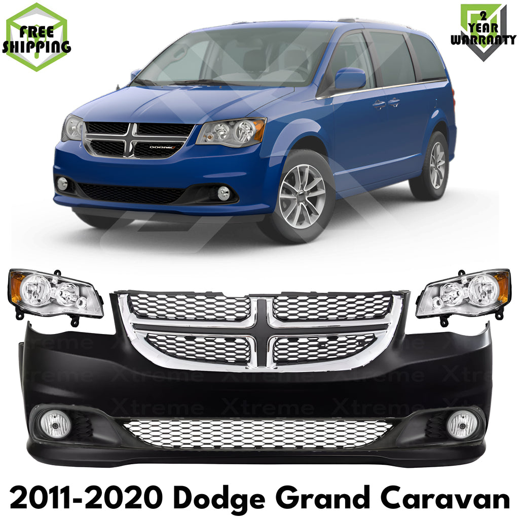 Front Bumper Cover Primed & Headlights Assembly Kit For 2011-2020 Dodge Grand Caravan