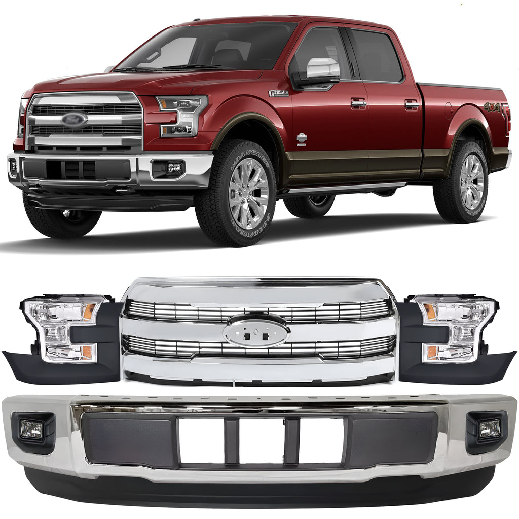 Front Bumper Chrome & Headlight Assembly Kit For 2015-2017 Ford F150 Truck