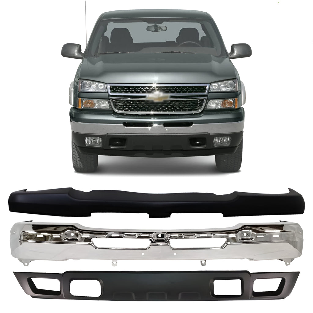 Front Bumper Chrome & Bumper Cover Primed Kit For 2003-2007 Chevrolet Silverado 1500 2500 HD