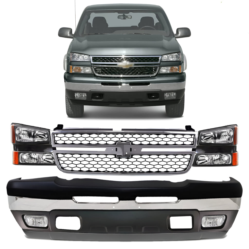 Front Bumper Chrome & Headlight Kit For 2003-2007 Chevrolet Silverado 1500 2500