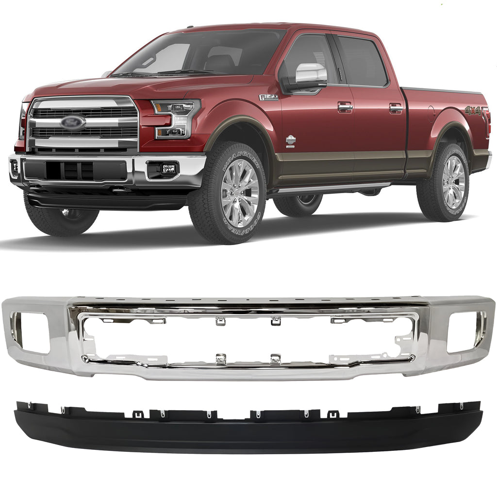 Front Bumper Chrome & Lower Valance Textured Kit For 2015-2017 Ford F-150 Truck