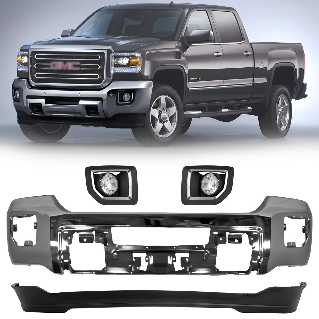 Front Bumper Face Bar Chrome & Fog Lights Assembly Kit For 2015-2019 GMC Sierra 2500 HD 3500 HD