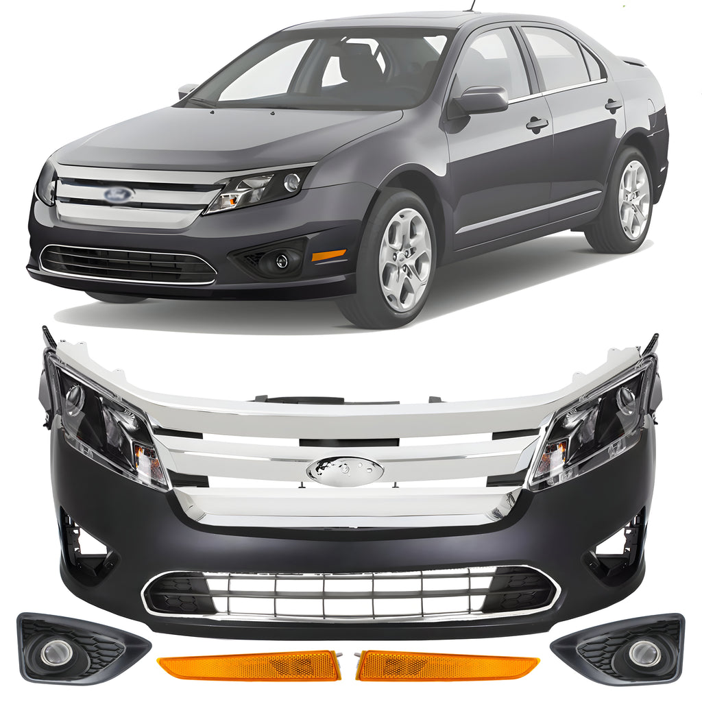 Front Bumper Cover Primed & Headlight Assembly Kit For 2010-2012 Ford Fusion