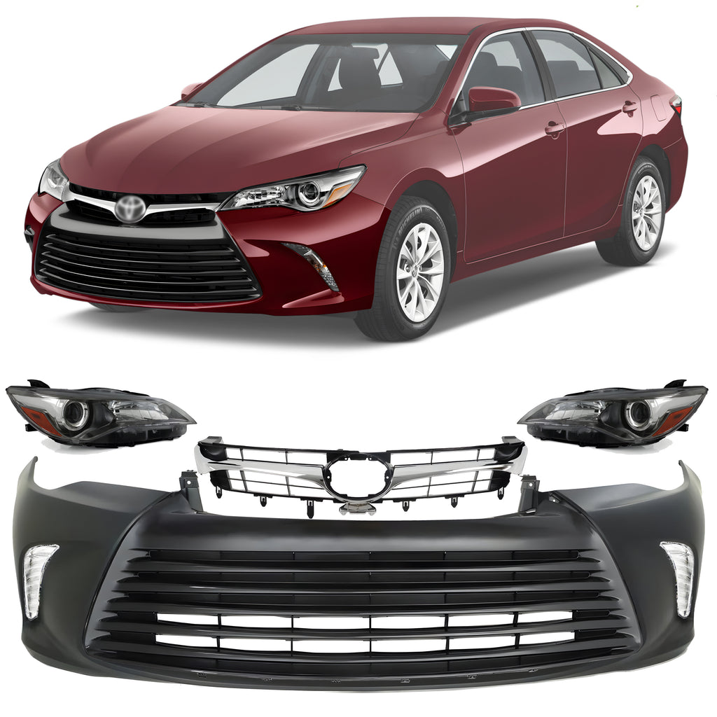 Front Bumper Cover Primed & Headlights Assembly Kit For 2015-2017 Toyota Camry