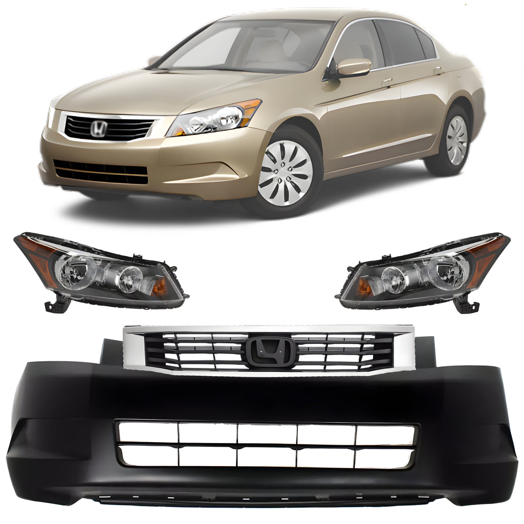 Front Bumper Cover Primed & Headlight Assembly Kit For 2008-2010 Honda Accord