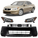 Front Bumper Cover Primed & Headlight Assembly Kit For 2008-2010 Honda Accord