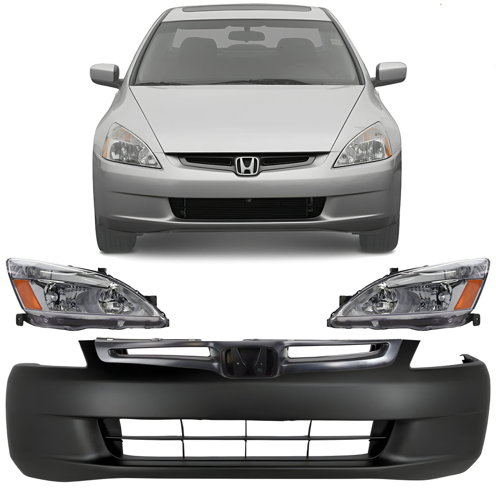 Front Bumper Cover Primed & Headlight Assembly Kit For 2003-2005 Honda Accord