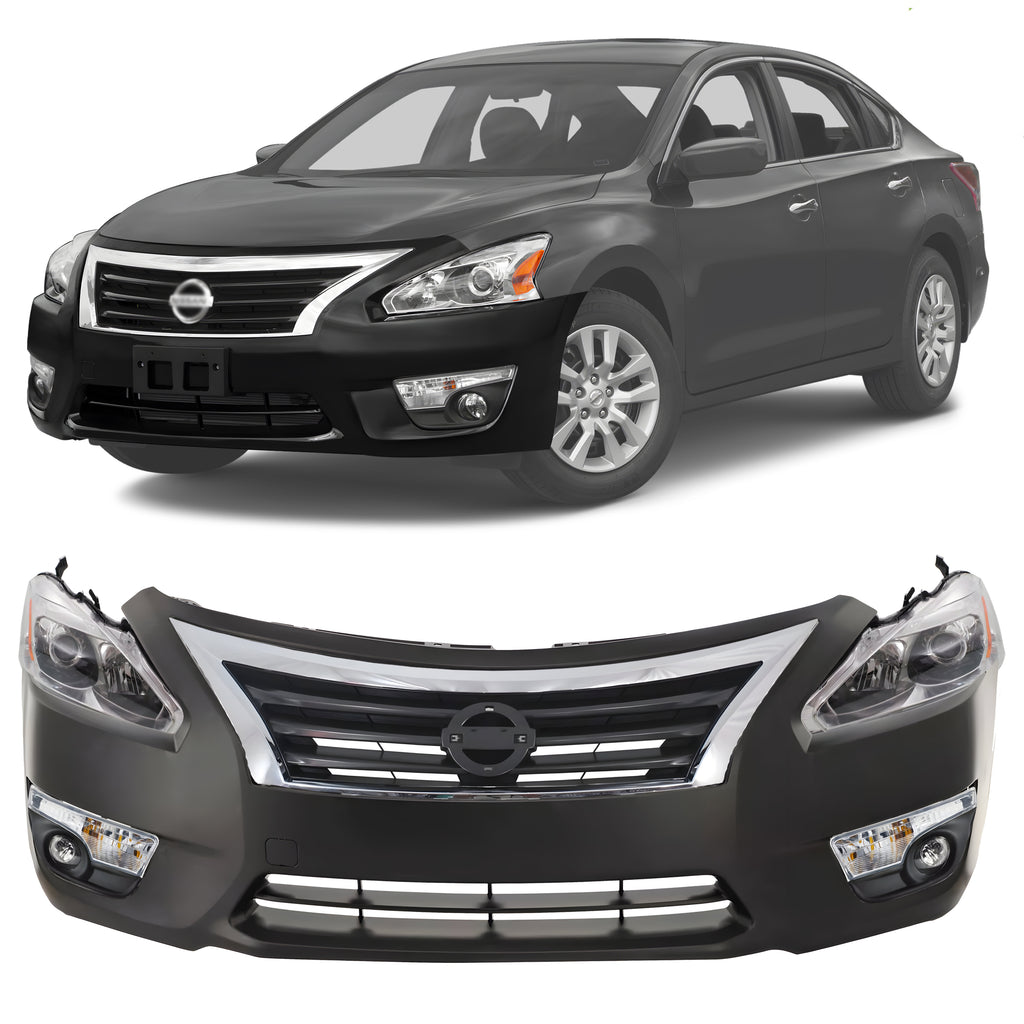 Front Bumper Cover Primed & Headlight Assembly Kit For 2013-2015 Nissan Altima Sedan