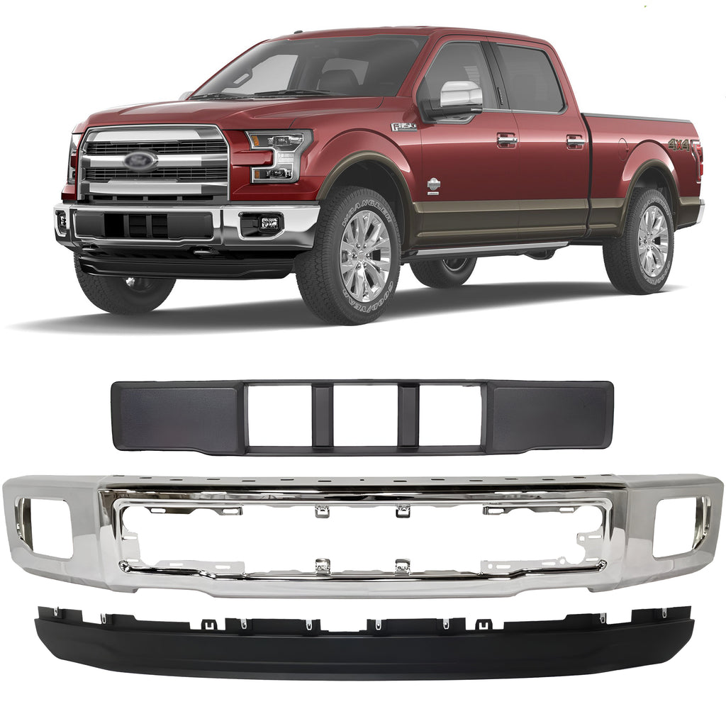 Front Bumper Chrome & Lower Valance Textured Kit For 2015-2017 Ford F-150 Truck