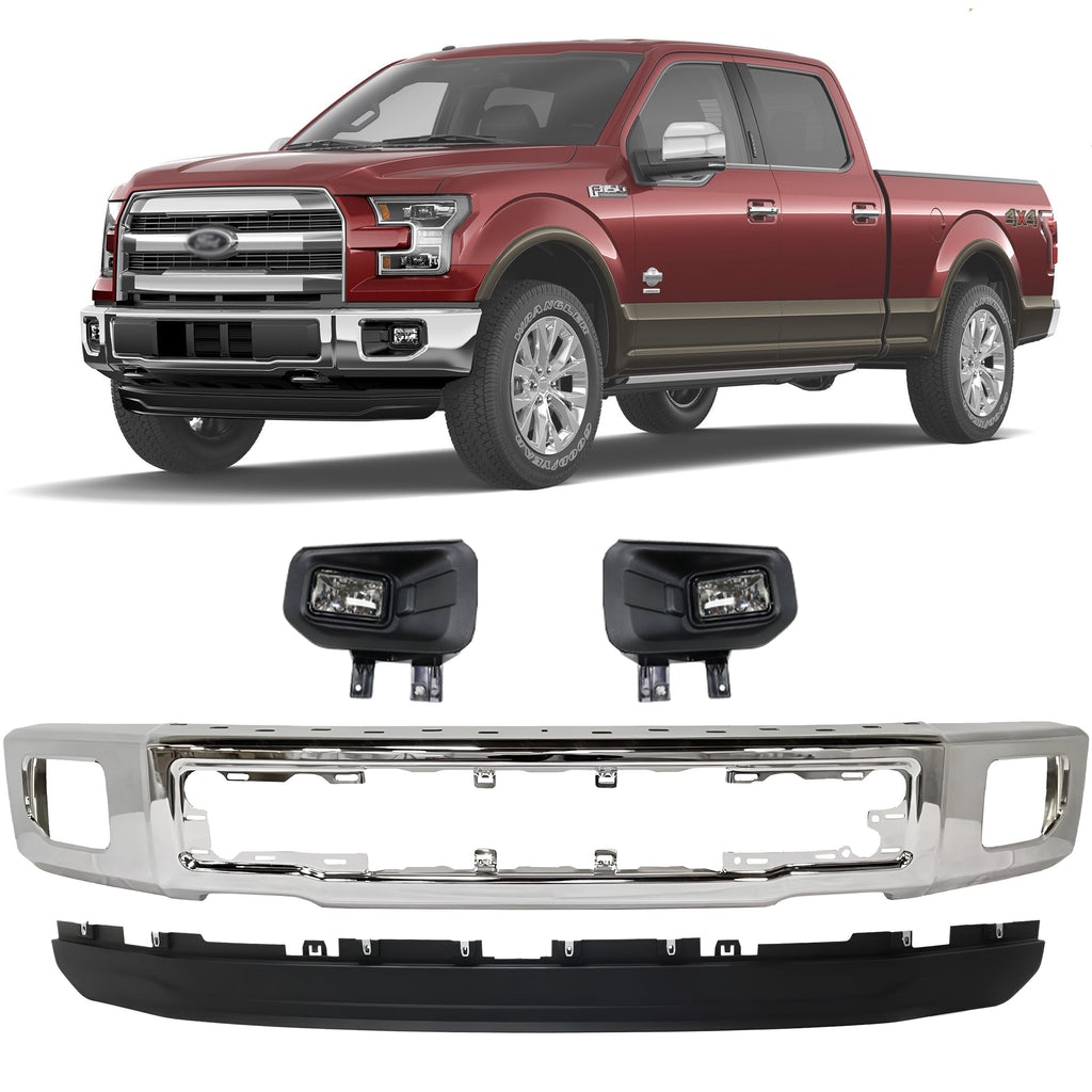 Front Bumper Chrome & Fog Lights Assembly Kit For 2015-2017 Ford F-150 Truck