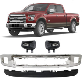 Replacement 2015–2017 Ford F-150 – 4-Piece Kit Front Bumper Chrome & Fog Lights Assembly, OEM Fit, Includes Fog Lights, Bumper Face Bar & Lower Valance