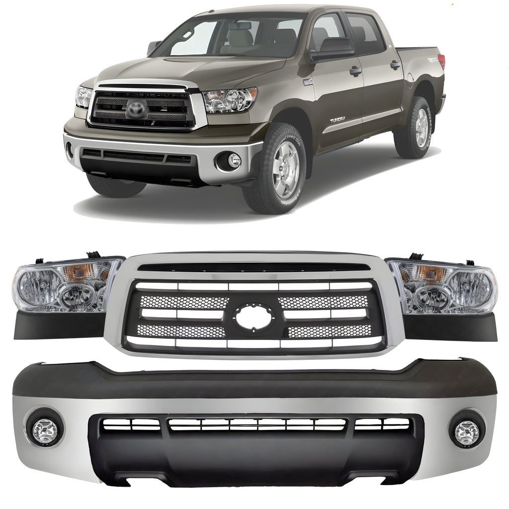 Front Bumper Chrome Steel & Headlights Assembly Kit For 2010-2013 Toyota Tundra