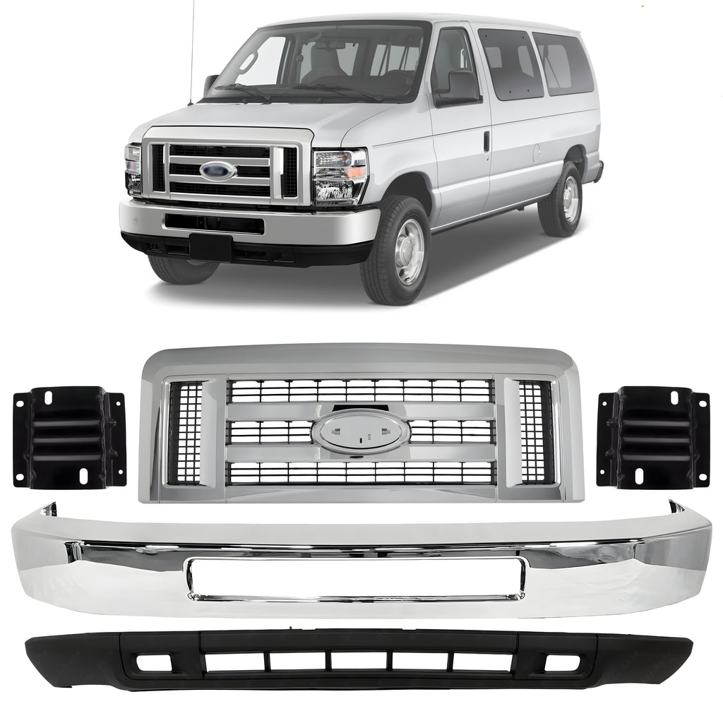 Front Bumper Chrome & Bumper Brackets Kit For 2008-2019 Ford E-150 E-250 E-350 Super Duty and E-450 Super Duty