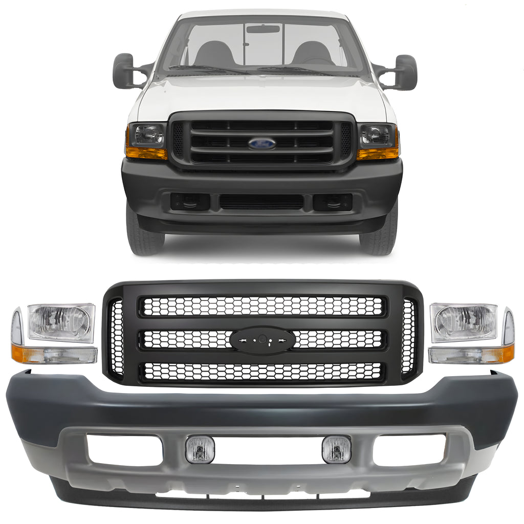 Front Bumper Primed & Grille Assembly Kit For 1999-2004 Ford F-250 Super Duty