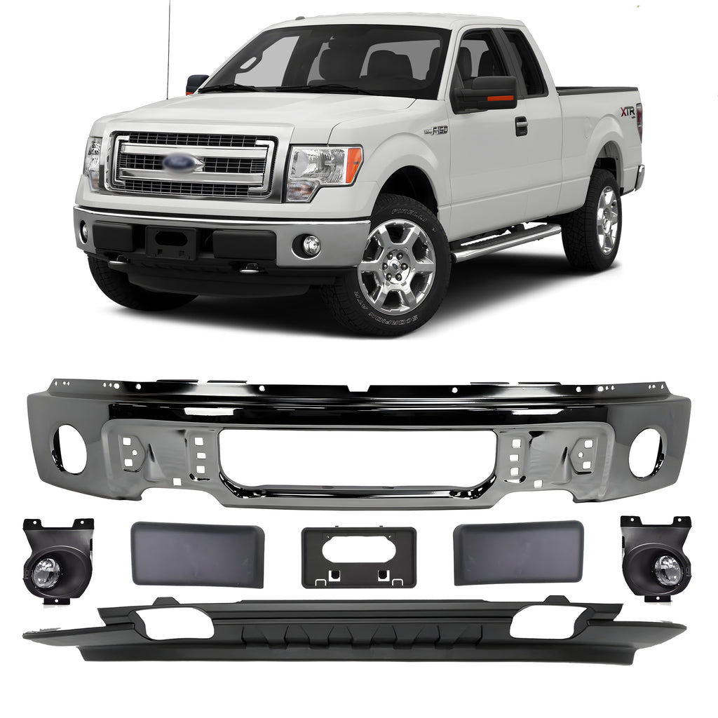 Front Bumper Chrome Steel & Fog Lights Assembly Kit For 2009-2014 Ford F-150