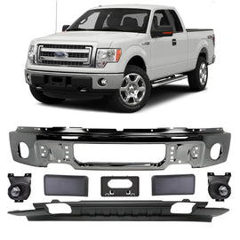 Replacement 2009–2014 Ford F-150 — 7-Piece Kit Front Bumper Chrome Steel & Fog Lights Assembly, OEM Fit, Includes (1) Bumper Face Bar Chrome, (1) License Bracket, (2) Bumper Trims (Both Sides), (2) Fog Lights (Both Sides), and (1) Lower Valance