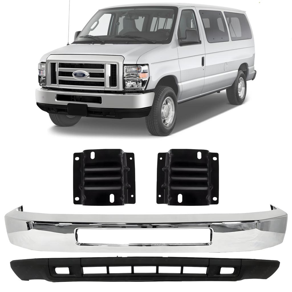 Front Bumper Chrome & Brackets Kit For 2008-2019 Ford E-150 E-250 E-350 Super Duty E-450 Super Duty