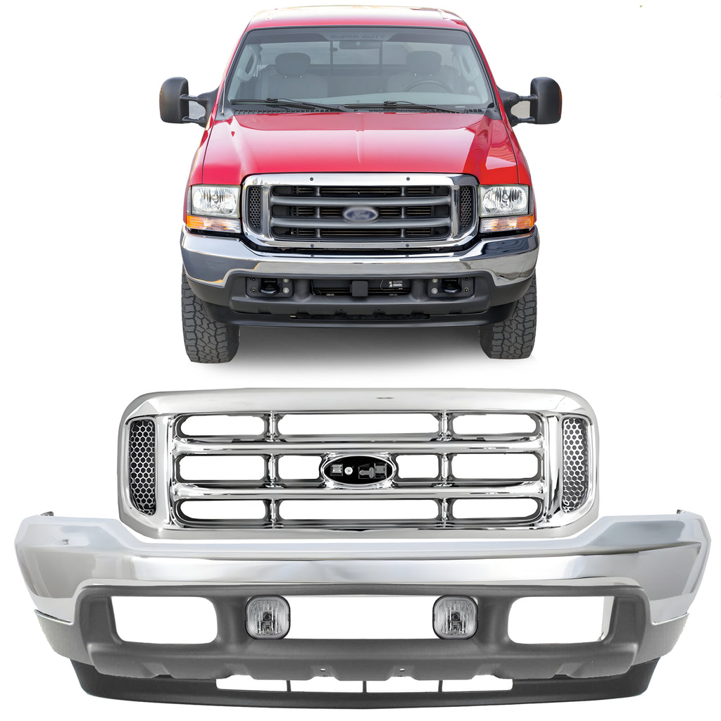 Front Bumper Chrome & Grille Assembly Kit For 1999-2004 Ford F-250 Super Duty