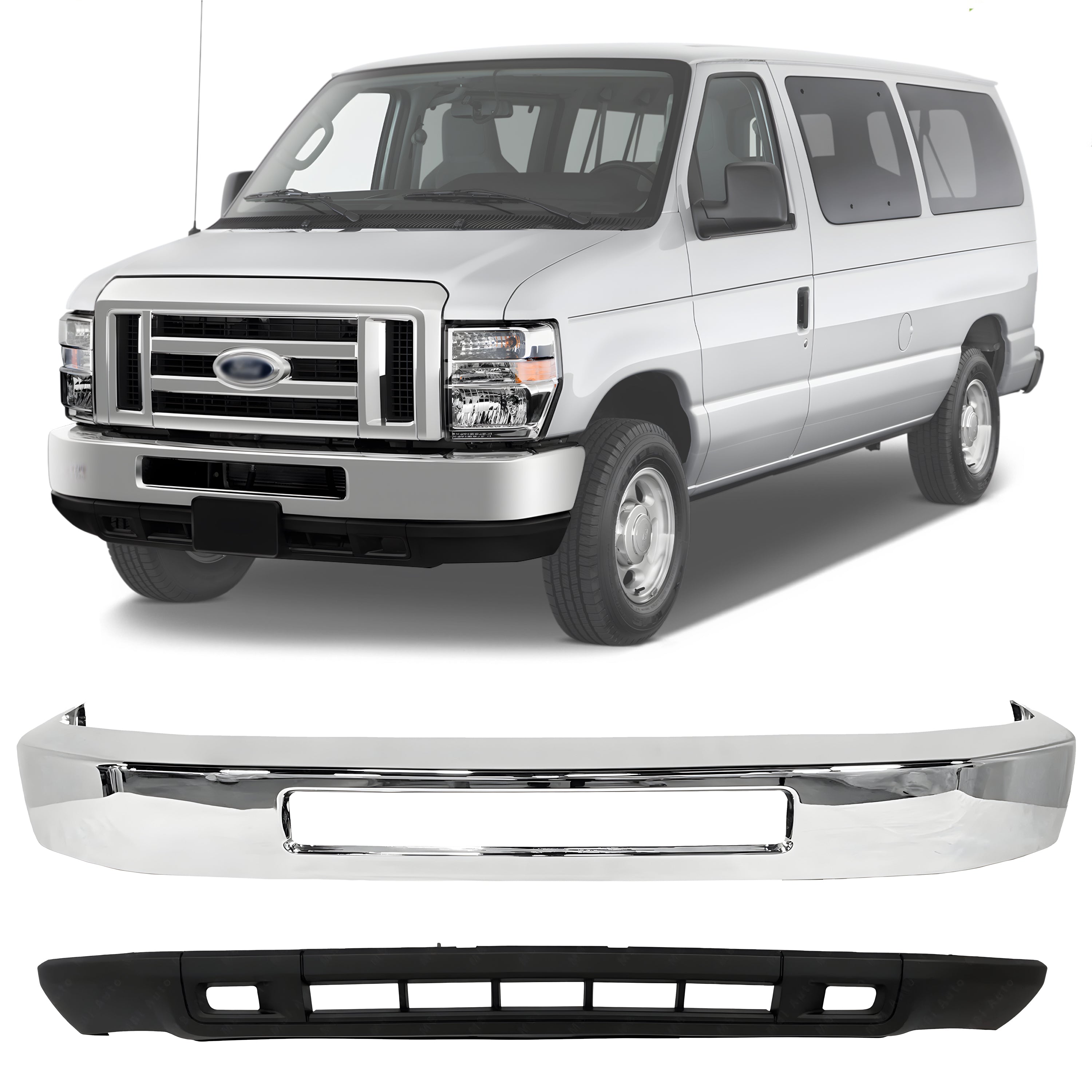 2008-2019 Ford E-150 E-250 E-350 Super Duty E-450 Super Duty Front Bumper Chrome & Valance Textured Kit | OEM Fit