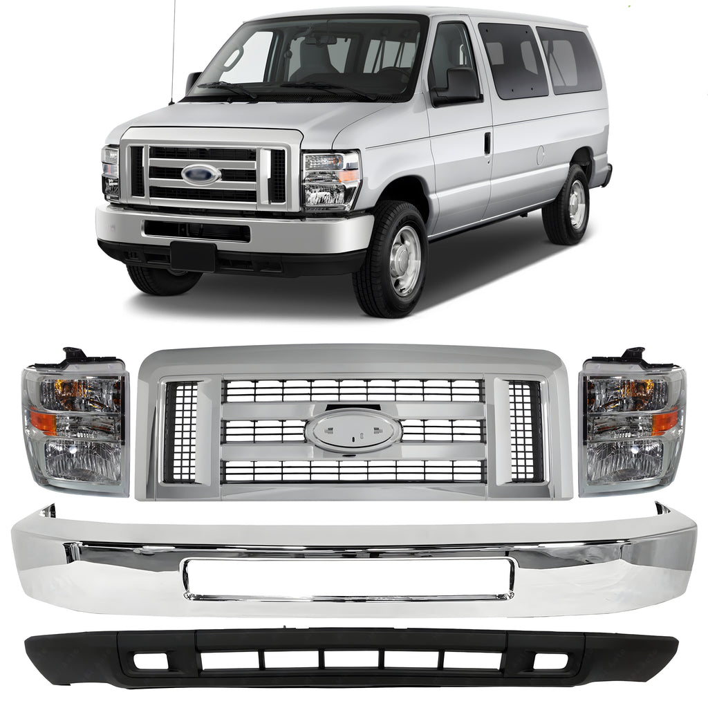 Front Bumper Chrome & Headlights Assembly Kit For 2008-2019 Ford E-150 E-250 E-350 Super Duty & E-450 Super Duty