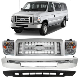 2008-2019 Ford E-150 E-250 E-350 Super Duty & E-450 Super Duty Front Bumper Chrome & Headlights Assembly Kit | OEM Fit