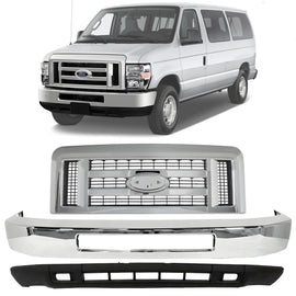 2008-2019 Ford E-150 E-250 E-350 Super Duty E-450 Super Duty Front Bumper Chrome & Grille Assembly Kit | OEM Fit