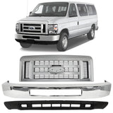 Front Bumper Chrome & Grille Assembly Kit For 2008-2019 Ford E-150 E-250 E-350 Super Duty E-450 Super Duty