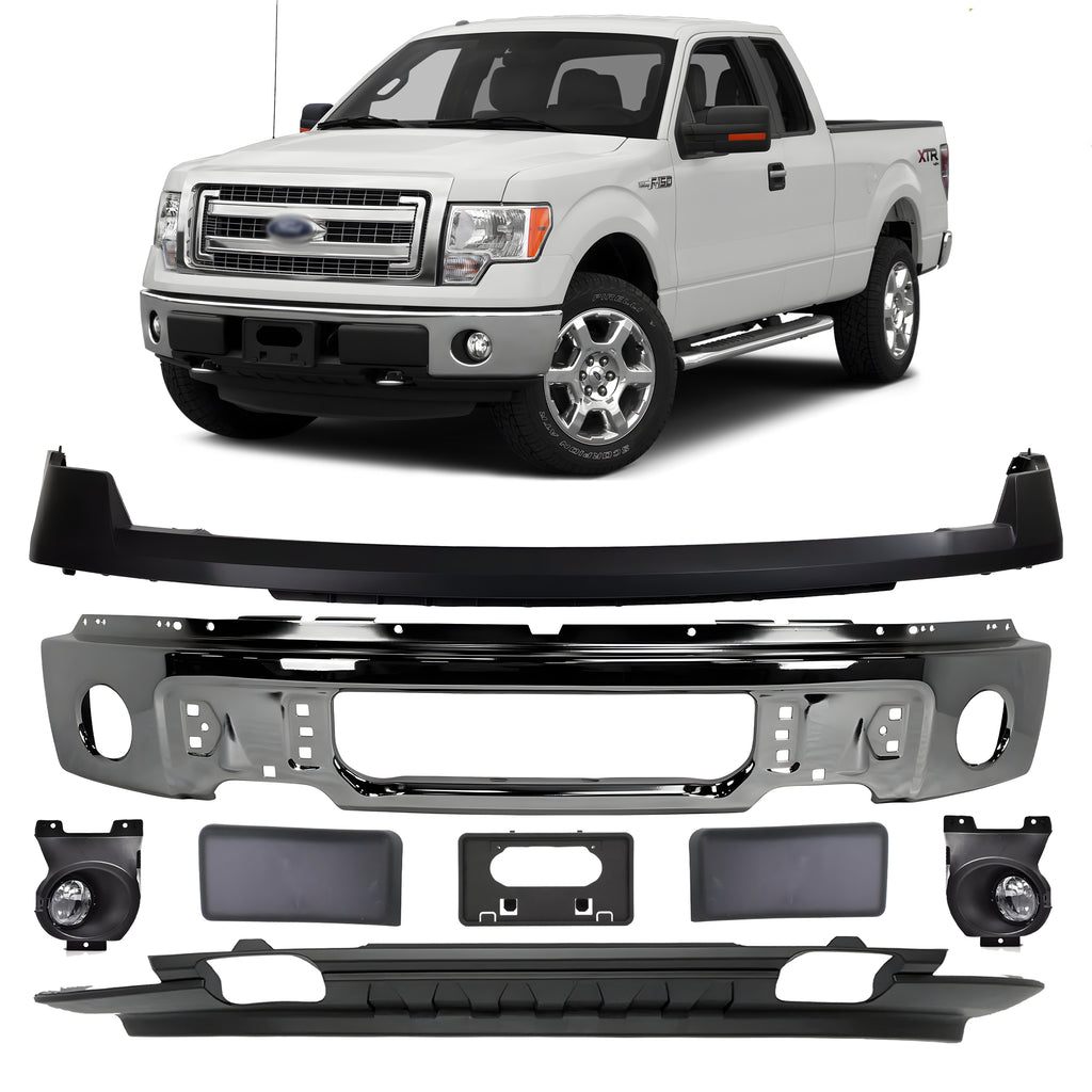 Front Bumper Chrome Steel & Fog Lights Assembly Kit For 2009-2014 Ford F-150