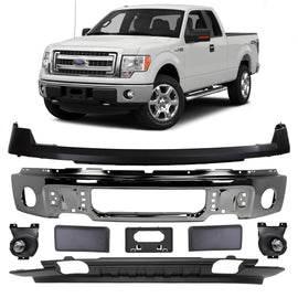 Replacement 2009–2014 Ford F-150 – 8-Piece Kit Front Bumper Chrome Steel & Fog Lights Assembly, OEM Fit, Includes Bumper Upper Cover, Bumper Face Bar, License Bracket, Bumper Trims, Fog Lights & Lower Valance