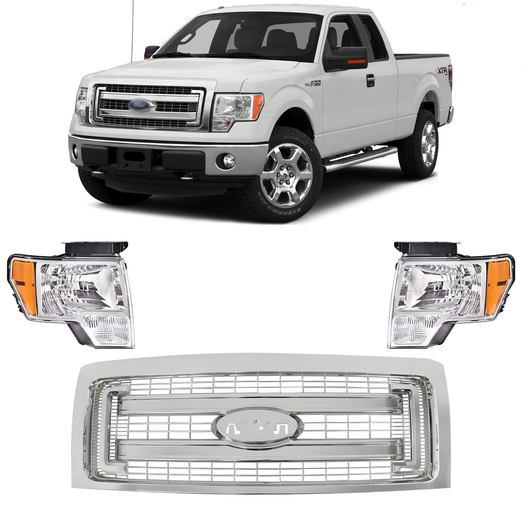 Front Grille Assembly Chrome & Headlight Assembly Kit For 2009-2014 Ford F-150