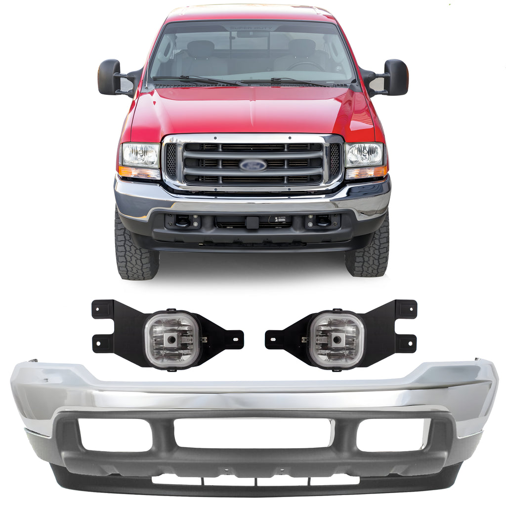 Front Bumper Chrome & Fog Lights Kit For 1999-2004 Ford F-250 Super Duty and 350