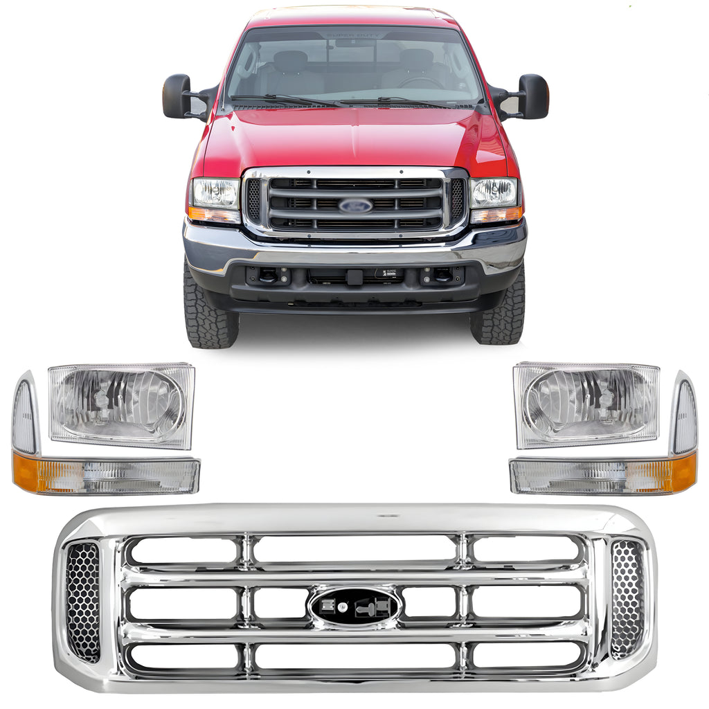 Front Grille Chrome & Headlight Kit For 1999-2004 Ford F-250 Super Duty & F-350