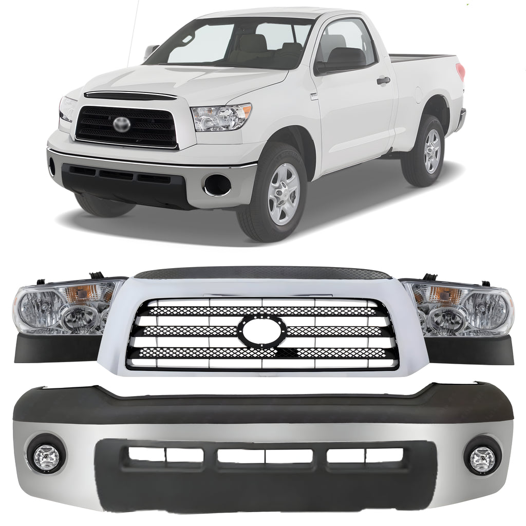 Front Bumper Chrome Steel & Headlight Assembly Kit For 2007-2009 Toyota Tundra