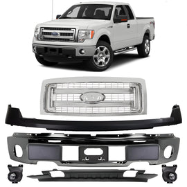 Replacement 2009–2014 Ford F-150 – 9-Piece Kit Front Bumper Chrome Steel & Grille Assembly Chrome, OEM Fit, Includes Grille, Bumper Cover, Face Bar, License Bracket, Bumper Trims, Valance & Fog Lights
