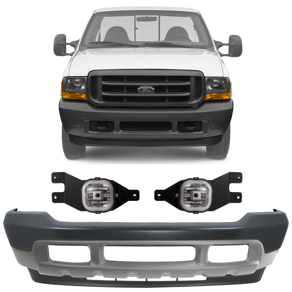 Front Bumper Primed & Fog Lights Kit For 1999-2004 Ford F-250 Super Duty and 350