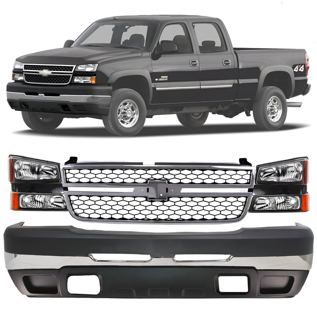 Front Bumper Chrome & Headlight Kit For 2003-2007 Chevrolet Silverado 1500 2500