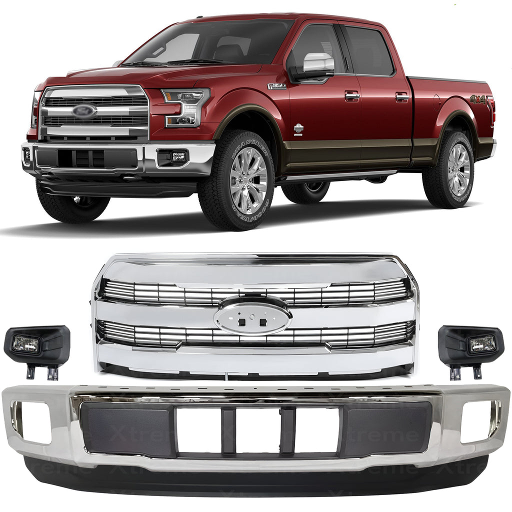 Front Bumper Chrome & Fog Lights Assembly Kit For 2015-2017 Ford F150 Truck