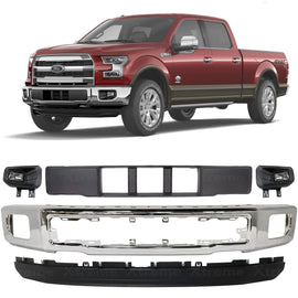 Replacement 2015–2017 Ford F-150 – 5-Piece Kit Front Bumper Chrome & Fog Lights Assembly, OEM Fit, Includes Bumper Trim, Fog Lights, Bumper Face Bar & Lower Valance