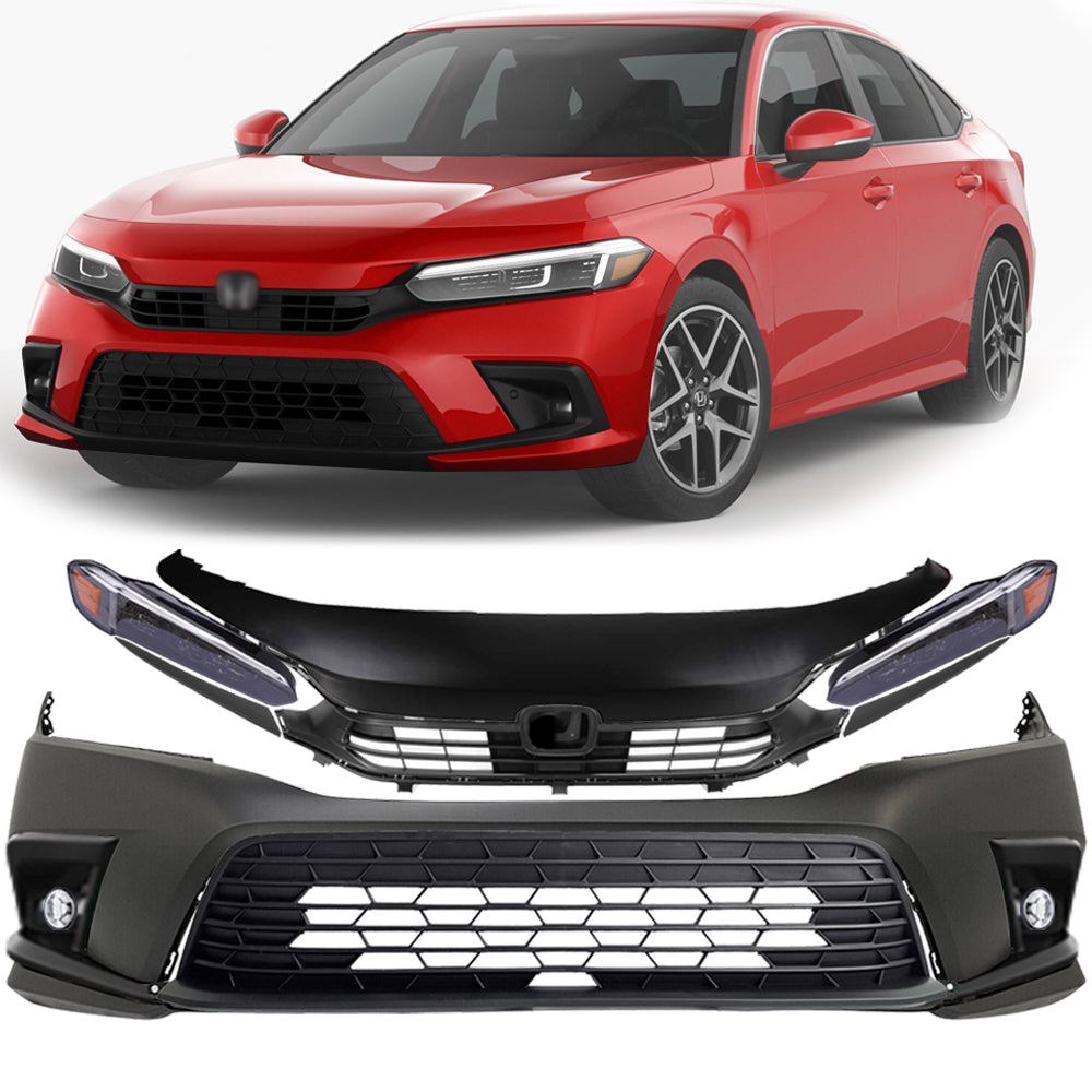 Front Bumper Cover Primed & Headlight Assembly Kit For 2022-2023 Honda Civic