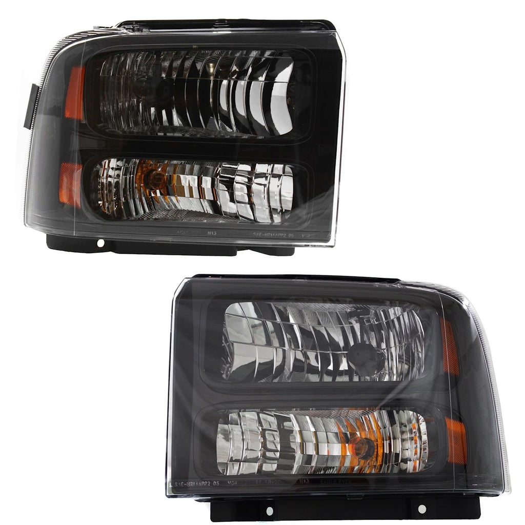 Headlights For 2005-2007 Ford F-250 Super Duty Driver & Passenger Side Halogen w/ Bulbs Black (Pair, Set of 2)