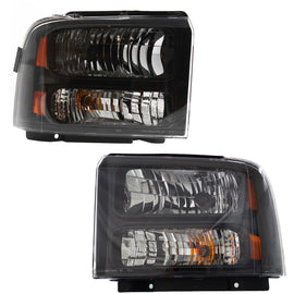 Headlights For 2005-2007 Ford F-250 Super Duty Driver & Passenger Side Halogen w/ Bulbs Black (Pair, Set of 2)
