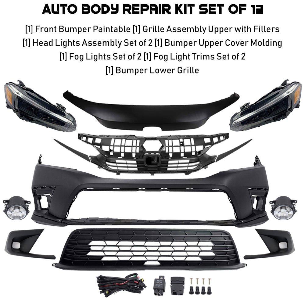 Front Bumper Cover Primed & Headlight Assembly Kit For 2022-2023 Honda Civic