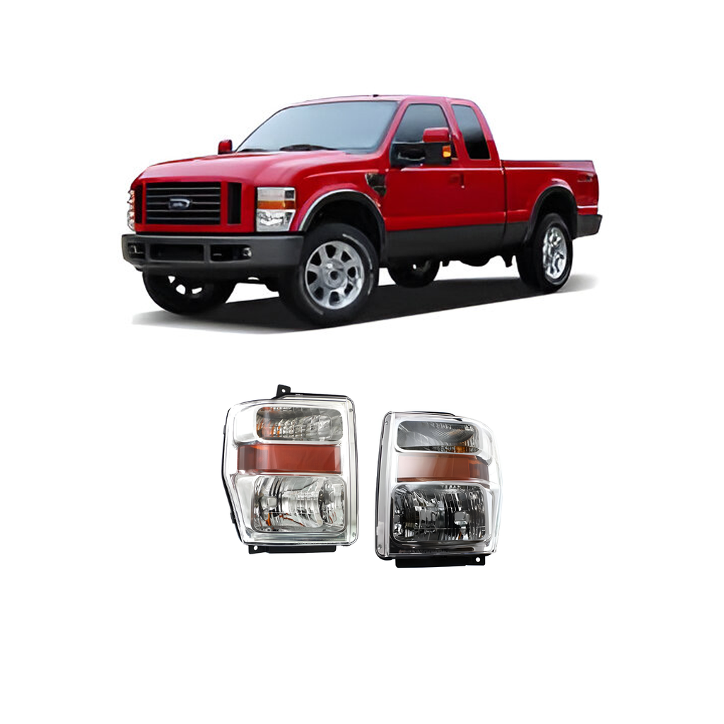 2008–2010 Ford F-250 Super Duty Headlight Set Driver & Passenger Side Halogen with Bulbs Chrome | OEM Fit