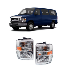2008–2025 Ford E-350 Super Duty Headlight Set Driver & Passenger Side Halogen with Bulbs Pair 2Pc | OEM Fit