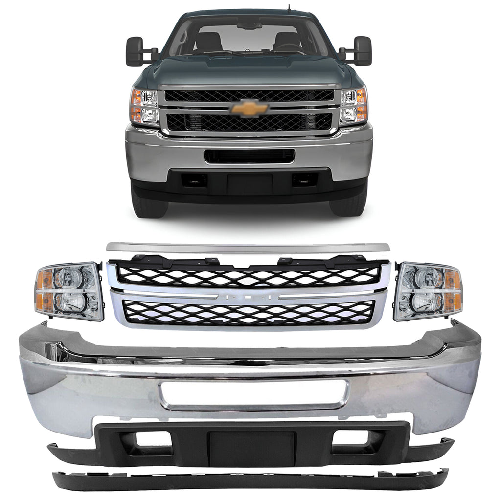 2011-2014 Chevrolet Silverado 2500HD 3500 HD Front Bumper Chrome & Headlights Kit | OEM Fit