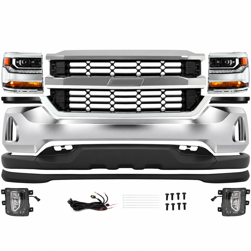 2016-2018 Chevrolet Silverado 1500 Front Bumper Chrome & Headlights Kit | OEM Fit