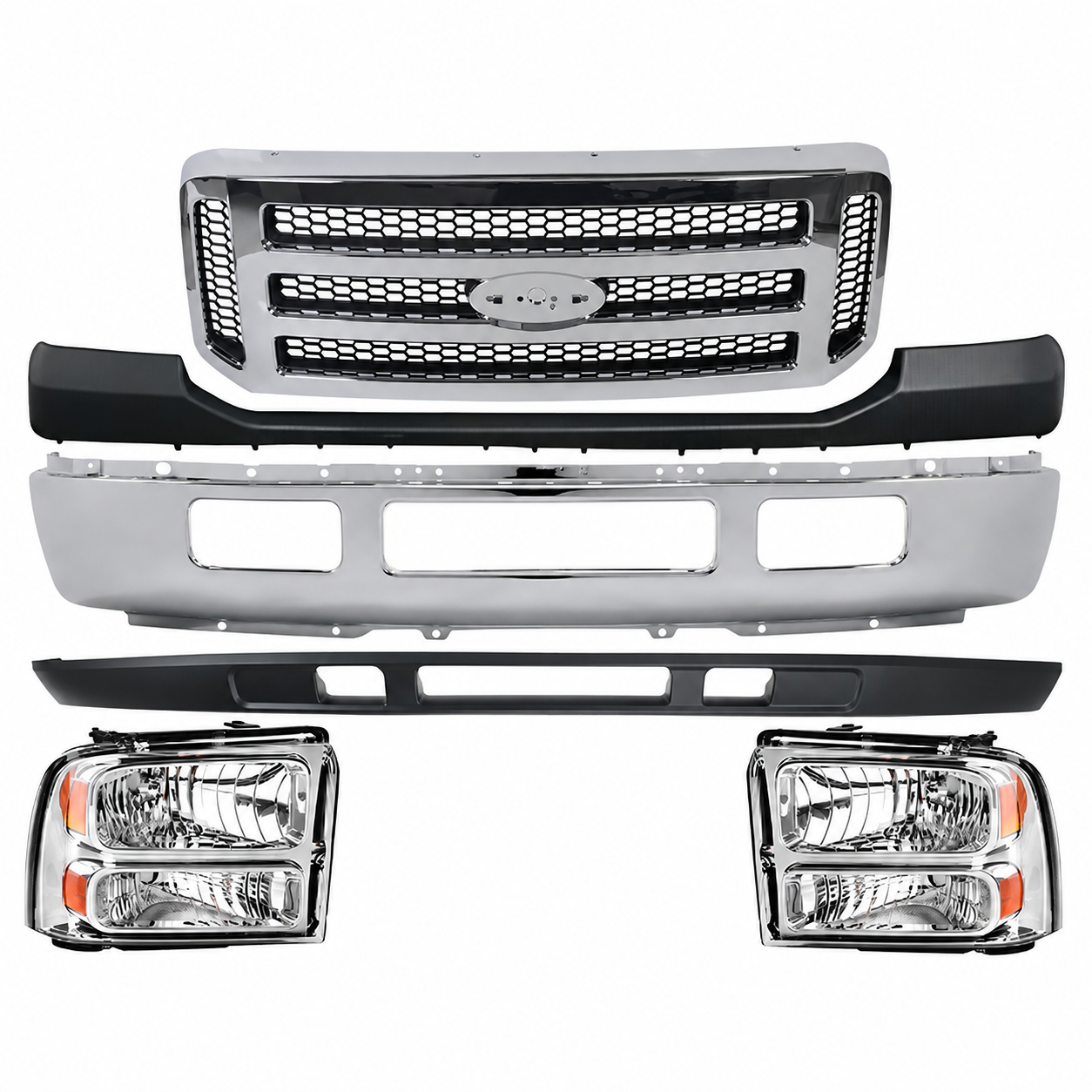 Kit Replacement 2005–2007 Ford F-250/F-350 Super Duty – 8-Piece Kit Front Chrome Bumper with Valance & Grille Assembly, OEM Fit, Includes Bumper, Lower Valance, Grille Assembly, Upper Cover & Headlights (Pair)