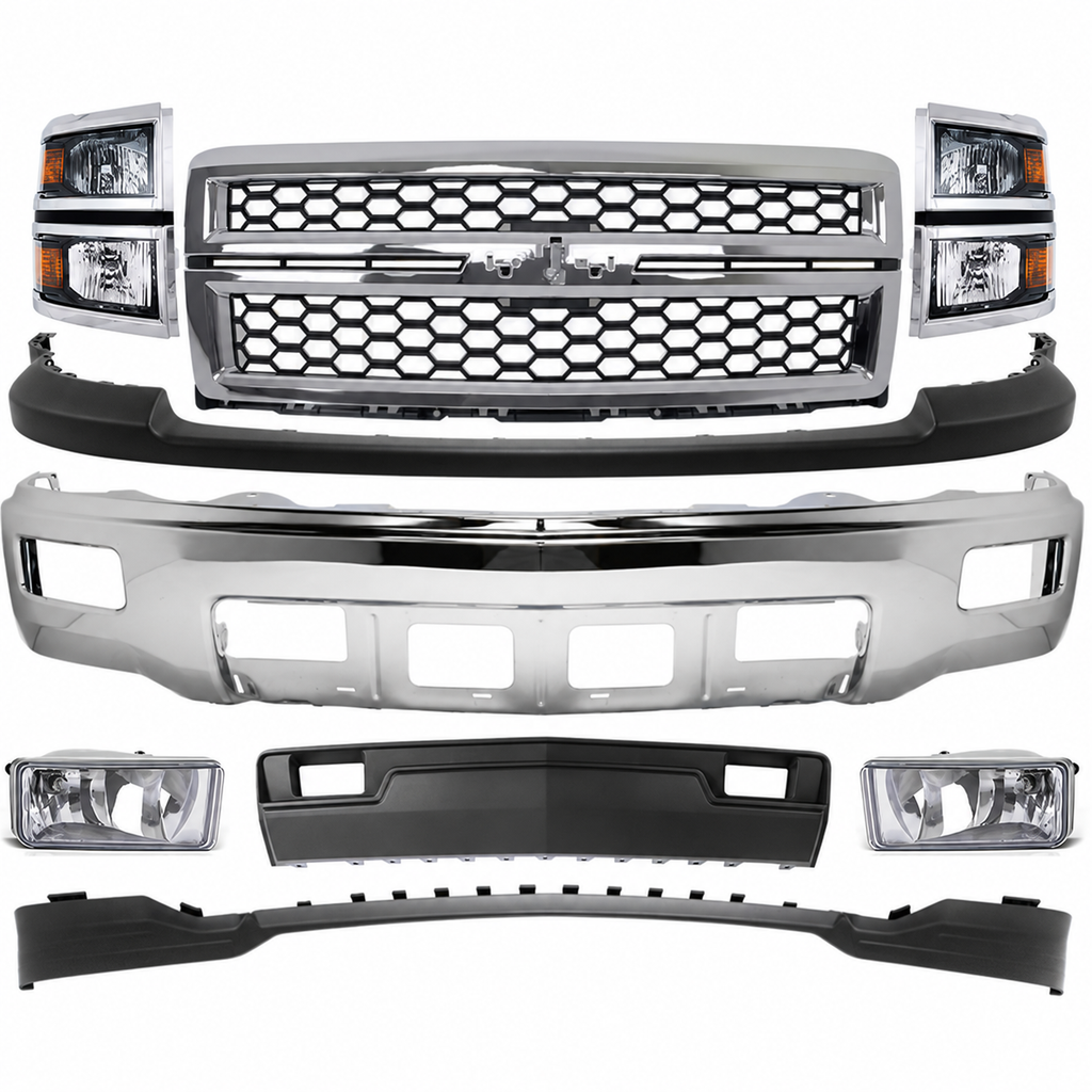 2014-2015 Chevrolet Silverado 1500 Front Bumper Chrome & Headlight Kit | OEM Fit